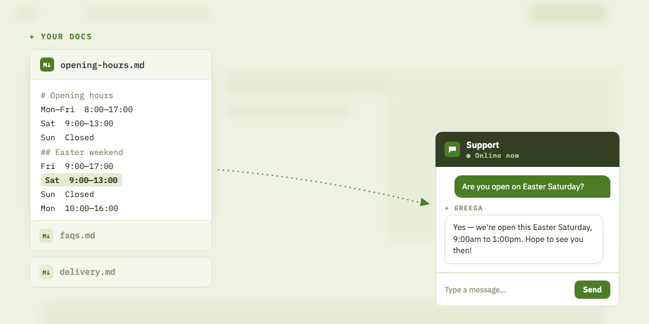 A website chat widget answering a customer using the company's markdown docs